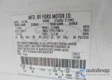 2006 Ford Ranger Sport/Stx/Xlt из США, поврежденный, VIN 1FTYR44U16PA63797